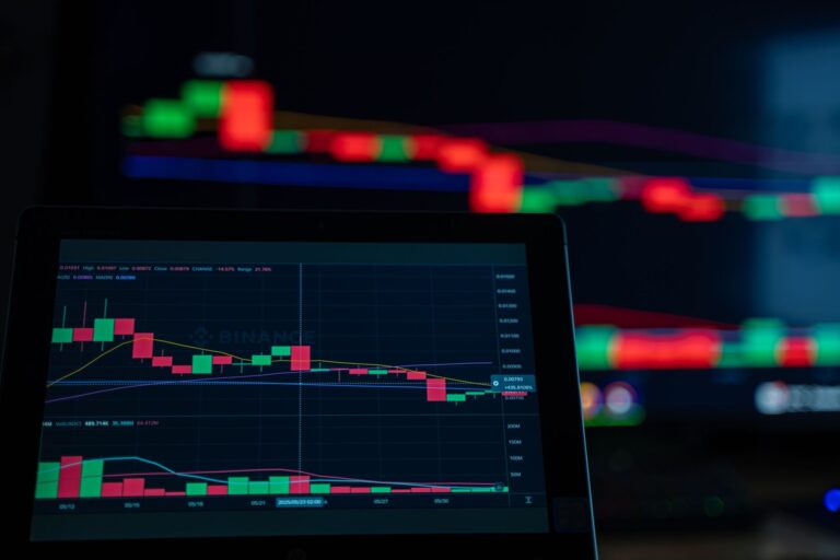 Vista en primer plano de gráficos de negociación de criptomonedas que muestran una tendencia bajista en un mercado digital en la pantalla de una computadora.